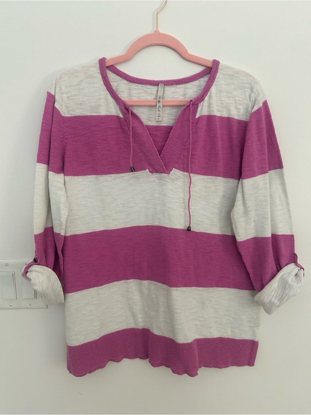 Leo & Nicole Pink Cream Stripe Lightweight Knit Sweater Women’s L Preppy Rugby